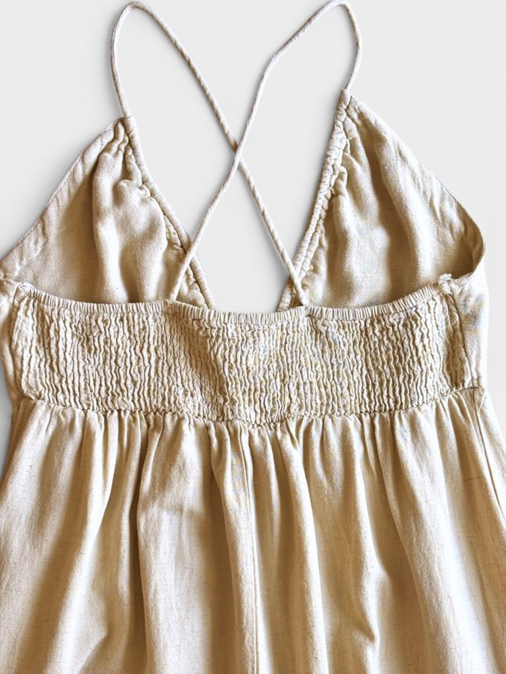 Sim & Sam Beige Linen Blend Boho Maxi Dress Crisscross Back Size Medium - Picture 10 of 13